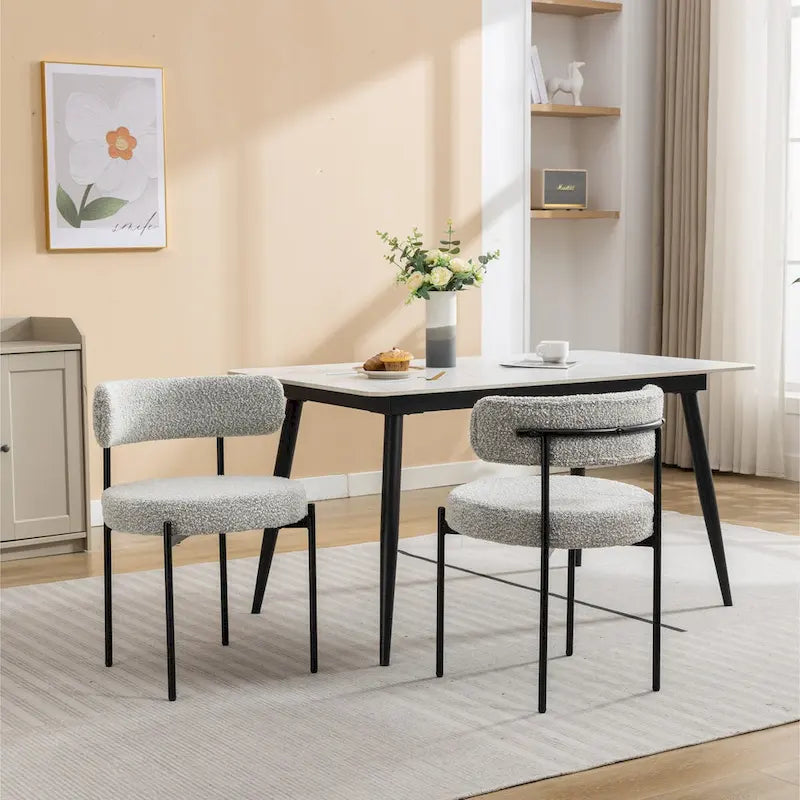Chaises de salle à manger rondes modernes en bouclette, lot de 2 | Pieds noirs | Mousse haute densité